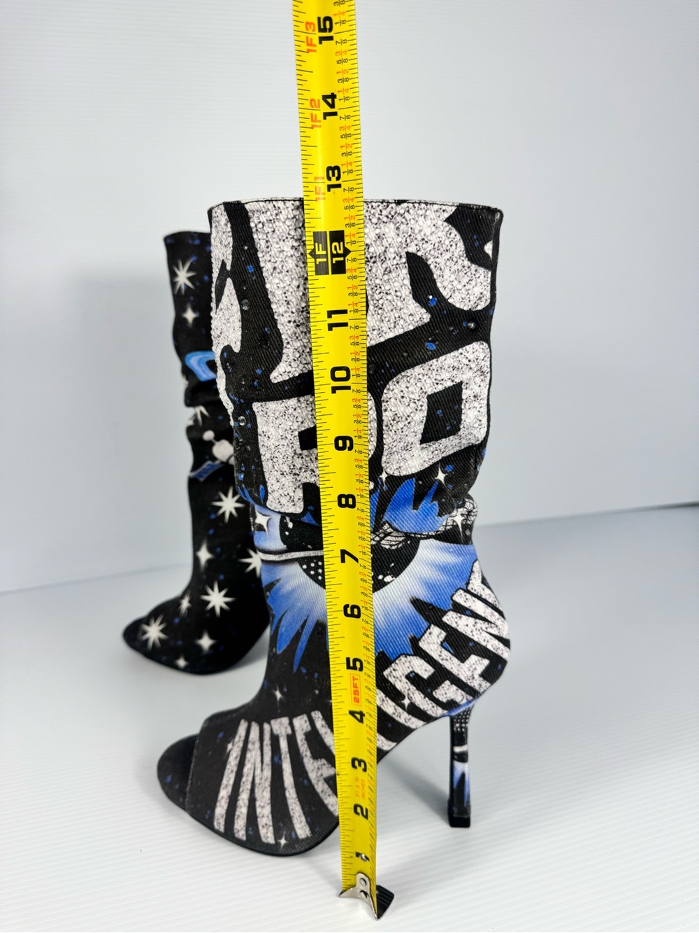 NEW AKIRA Black Multi Galaxy Space Peep Toe Slouch Stiletto Booties - Picture 4 of 7